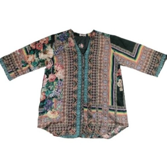 Johnny Was Size Small Multicolor Oversized Floral Silk Blouse Patchwork Boho - Picture 2 of 9